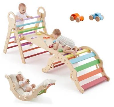 Immagine prodotto di Triangolo da arrampicata VEVOR, gioco da arrampicata 9 in 1, con macchinine in legno, cuscini, triangolo da arrampicata, scivolo e arco da arrampicata, fino a 68 kg, set da gioco Montessori da interno per bambini da 1 a 3 anni, multicolore