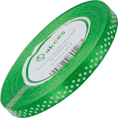 Zdjęcie produktu dla Wstążka satynowa zielona w białe kropki 6mm - 23m