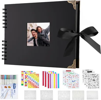 Produktbild von ASKSA Fotoalbum zum Selbstgestalten, Scrapbook 80 Schwarze Seiten Fotobuch zum Einkleben,DIY Geschenk Scrapbooking Set,Schwarz