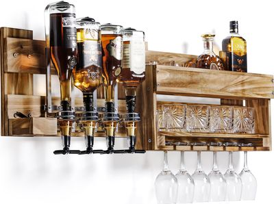 Yorbay Weinregal Palette beflammt Holz, Wandbar mit 4 Getränkespender Wand Flaschenhalter Flaschenhalter, Vintage, Geschenk