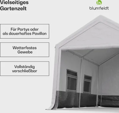 Produktbild von Blumfeldt Partyzelt - 4x3m, Festzelt mit Seitenwänden, Wetterfestes Gewebe, Stabiles Stahlrahmen, Einfache Montage, Ideal für Outdoor-Partys, BBQs & Gartenpavillon