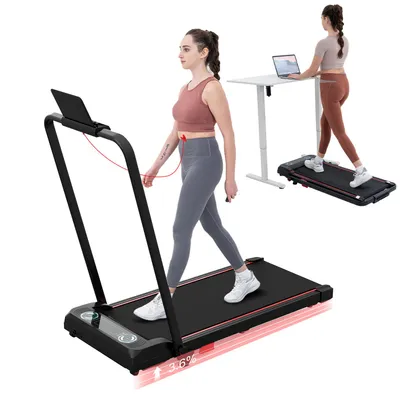 Two women using treadmills, one in the foreground and one in the background near a standing desk.
