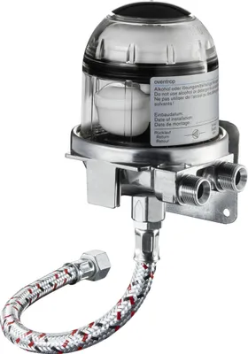 A close-up studio shot of an Oventrop oil filter with a flexible hose attached.