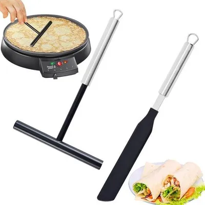 Produktbild von Pfannkuchenteiler und Spatel, 2 Stück rostfreier Edelstahl Teigverteiler, Crêpespatel, Pfannkuchenrechen, Crêpemacher Zubehörset, Teigverteiler und Spatel für Zuhause, Küche, Backen, Kochen,