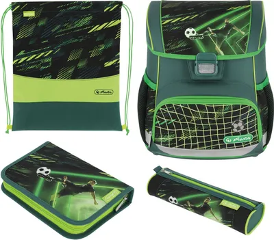 A collage of school supplies with a soccer theme.