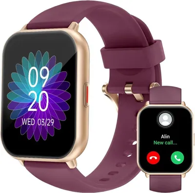 A smartwatch with a purple band and gold casing is shown, with a smaller inset image of the same watch displaying a call notification.