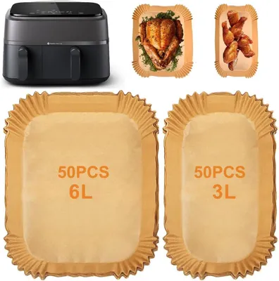 Produktbild von Packung mit 100 Stück Backpapier für die Philips Airfryer mit Doppelkorb (Serie 3000 6L/3L, Serie 5000 6L/3L), rechteckiges Backpapier für die Philips Airfryer NA350/00 und NA550/00, Zubehör für Airfryer
