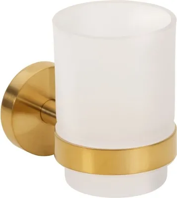 Produktbild von BABLO Glashalter mit Glas Messing Milchglas Gold matt 105x70x95 mm für Bad & Küche >> zum Bohren oder Kleben