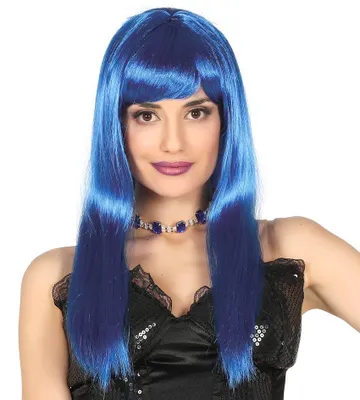 Produktbild von Perücke lang glatt blau Haar Pony Bob