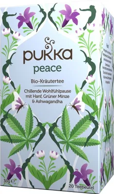 A box of Pukka Peace herbal tea with floral and leaf illustrations.