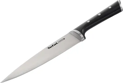 A chef's knife with a black handle is shown against a white background.