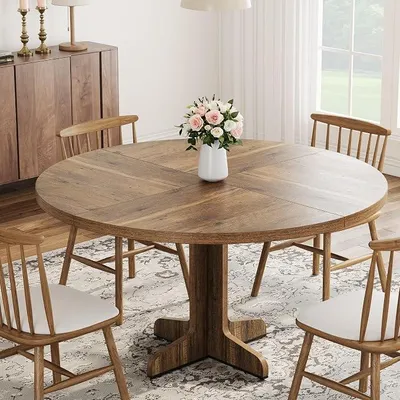 Image de Table ronde de 120 cm, table de salle à manger en bois, table de cuisine pour 4 à 6 personnes avec une structure stable, idéale pour la salle à manger et le salon, couleur marron