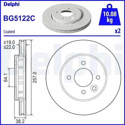 Produktbild von 2x DELPHI Bremsscheibe BG5122C 38 2 38mm 257mm