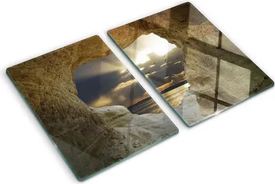 Produktbild von Tulup Glas Herdabdeckplatte - 2x40x52 cm - Glaskeramikkochfeld-Abdeckung Spritzschutz Glasabdeckplatte Kochplattenabdeckung und Schneidebrett - Zweiteilig - Landschaften - Meereshöhle - Beige