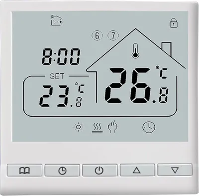 A digital thermostat display showing the current time, set temperature, and room temperature.