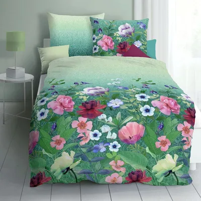Produktbild von Kaeppel Mako-Satin Bettwäsche Wildblumen smaragd 135x200 cm + 80x80 cm