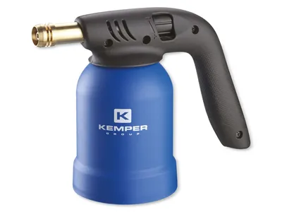 A blue and black blowtorch with a brass nozzle, shown against a white background.