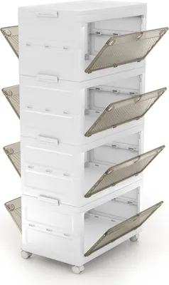 A stack of four white storage boxes with transparent gray lids, some of which are open.