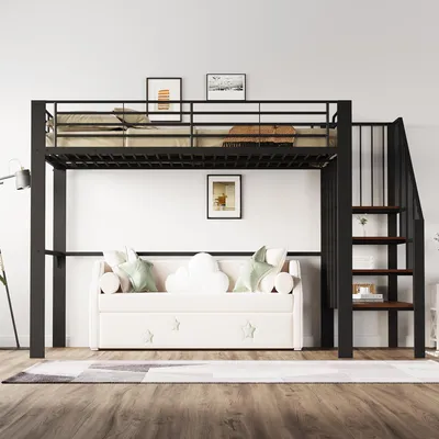 Produktbild von okwish Hochbett 140x200 Metallbett ohne Matratze Jugendbett mit Stabile Metallkonstruktion,mit geräumigem Stauraum und Treppenzugang,schwarz