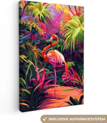Produktbild von MuchoWow® - Leinwandbilder - Flamingo - Tropisch - Tier - Blätter, Wandbild, Wanddeko Bilder Wohnzimmer, 80x120cm