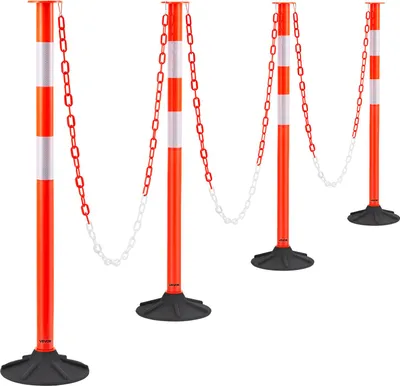 Image de Poteau de signalisation VEVOR Poteau de signalisation 4 pièces (871 mm) avec socle lesté & bandes réfléchissantes & chaînes, poteau d'avertissement pour chantiers, parkings, poteau de barrage pour la gestion de la foule
