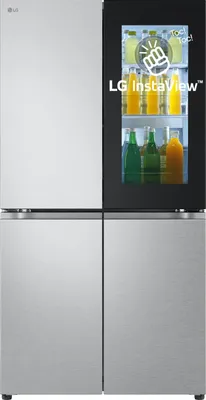 A modern LG InstaView refrigerator with a glass door showing drinks inside.