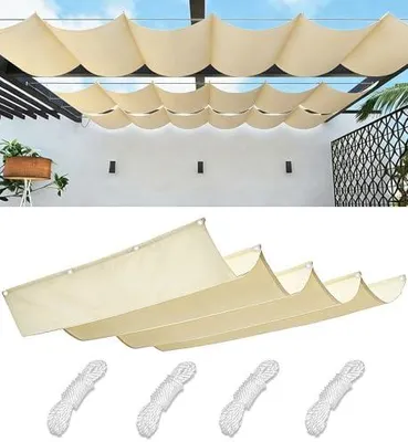 Produktbild von Einziehbare Welle Sonnensegel Nach Maß Wellenmarkise Verstellbar Segeltuch mit Ösen und Kordel Markisenstoff UV-Schutz Sonnenschutz Wasserdicht für Garten Pergola Balkon Terrasse 1x3M Creme