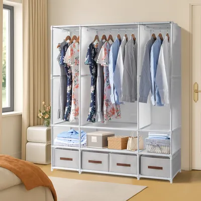 Produktbild von Vlies-Garderobenschrank, dreireihig, hohe Beine, mit Vorhängen, 4 Aufbewahrungsboxen, dreireihige Kleiderstangen, 144*45*166,5cm, weiß