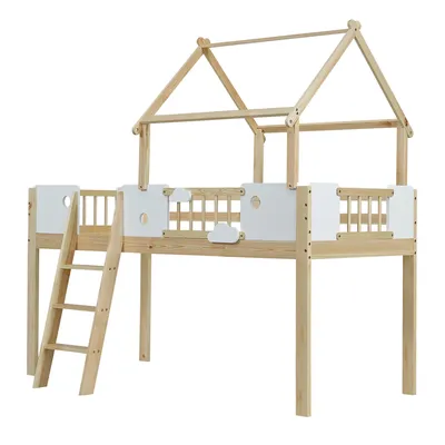 Immagine prodotto di letto per bambini okwish 90x200cm con protezione anticaduta, struttura letto per ragazzi naturale con scala inclinata a tre gradini, letto a soppalco con struttura in pino