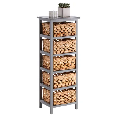 Produktbild von Kommode ARBO mit 5 Körben aus Wasserhyazinthe, grau - Paulownia Holz, Beistelltisch mit praktischer Aufbewahrung, Organizer Regal ideal für den Flur und schmale Räume