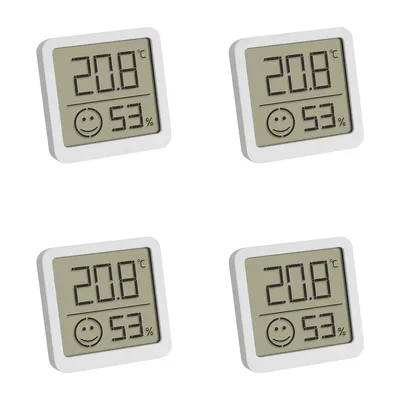 Four identical digital thermo-hygrometers are displayed against a white background.