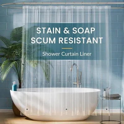 Image de Rideau de douche transparent, en plastique PEVA léger, avec 12 crochets et une tringle en acier inoxydable, long, transparent, 180 x 200 cm