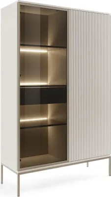 A modern display cabinet with glass doors and LED lighting.