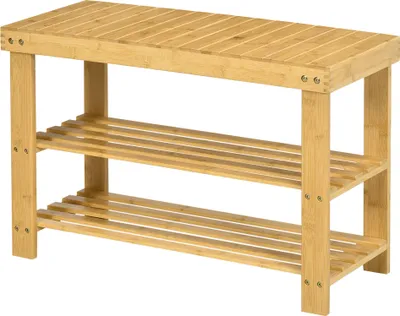 Zdjęcie produktu dla Ławka na buty HOMCOM z siedziskiem, bambusowa ławka z miejscem do przechowywania, stojak na buty z 2 otwartymi przegrodami, ławka do garderoby do salonu, przedpokoju, 70 x 28 x 45 cm, kolor naturalny