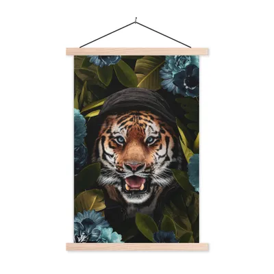 Produktbild von MuchoWow® Textilposter Tiger - Blumen - Pflanzen 120x180 cm mit holzfarbenen Rahmen - Textil-Plakat