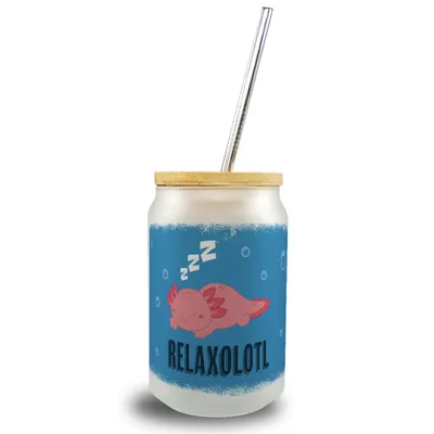 Produktbild von Relaxolotl Trinkglas mit Bambusdeckel mit schlafenden Axolotl