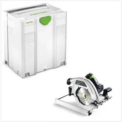 A white storage case and a circular saw are displayed against a white background.