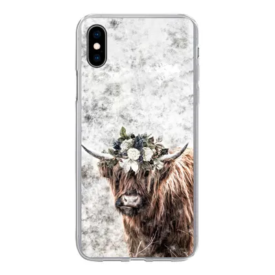 Produktbild von MuchoWow® Handyhülle Schutzhülle Hülle für iPhone Xs Schottischer Highlander - Marmor - Blumen Silikon Softcase Handy Hülle - Handytasche