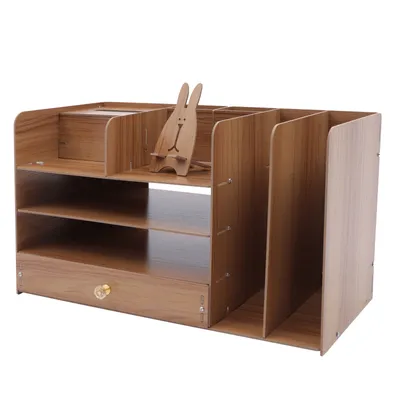Zdjęcie produktu dla 4-warstwowy organizer na biurko z drewna z szufladami, uchwytem na długopisy, uchwytem na telefon komórkowy, 48 x 23 x 28 cm, pojemnikiem na listy A4 (brązowy) do biura, pokoju dziecięcego, gabinetu