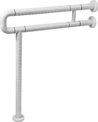 A white U-shaped grab bar with a support leg, shown against a white background.