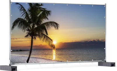 Produktbild von Wallario XXL Outdoor-Poster für Garten oder Balkon, Motiv Palme am Strand - Sonnenuntergang über dem Meer, in ca. 340 x 173 cm