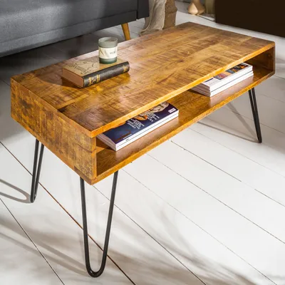 Produktbild von cagü: Design Couchtisch [MALITA] Natur aus Mangoholz mit 2 Ablagefächern und schwarzen Haarnadelbeinen aus Metall 100cm x 50cm Rechteckig