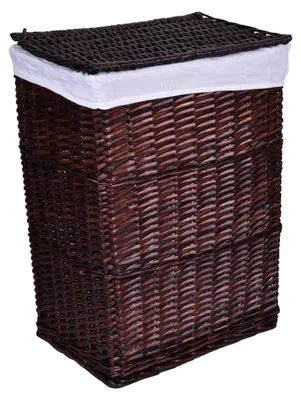 A brown wicker laundry basket with a white liner and a woven lid.