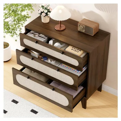 Produktbild von Kommode mit 3 Schubladen in Dunkelbraun, Retro-Schubladenschrank mit Rattan-Optik, Boho-Beistellschrank für Schlafzimmer und Wohnzimmer, Vintage-Nachttisch, 80x40x79,5 cm