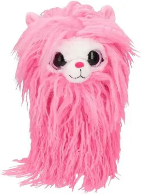 A stuffed toy animal with long, shaggy pink fur and a white face.