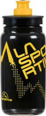 Schwarze Trinkflasche von La Sportiva mit gelbem Deckel und Logo; geeignet für Outdoor-Aktivitäten.