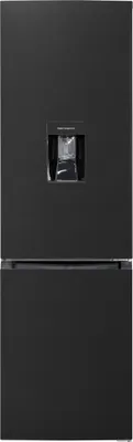 A black refrigerator with a water dispenser.
