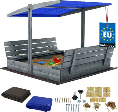 Produktbild von KOTARBAU® Sandkasten mit Abdeckung 140 x 140 cm Großer Grau Holzsandkasten mit Blau Dach Sandkasten mit Deckel Sandkasten mit Dach Gartenspielzeug Kinder imprägniert verschließbar mit Bänken