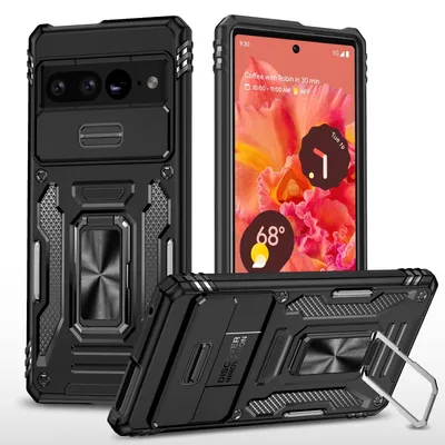 A black protective phone case with a kickstand and ring holder is displayed from multiple angles, alongside a smartphone.