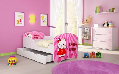 Produktbild von ACMA I Jugendbett Kinderbett Junior-Bett Komplett-Set mit Matratze Lattenrost Weiß 15 Sweet Kitty 140x70 + Bettkasten